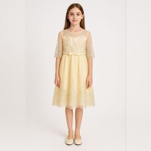 IDOPIP Girls Ivory Embroidered Tulle Dress Size 170 XXS Polyester/Viscose Floral